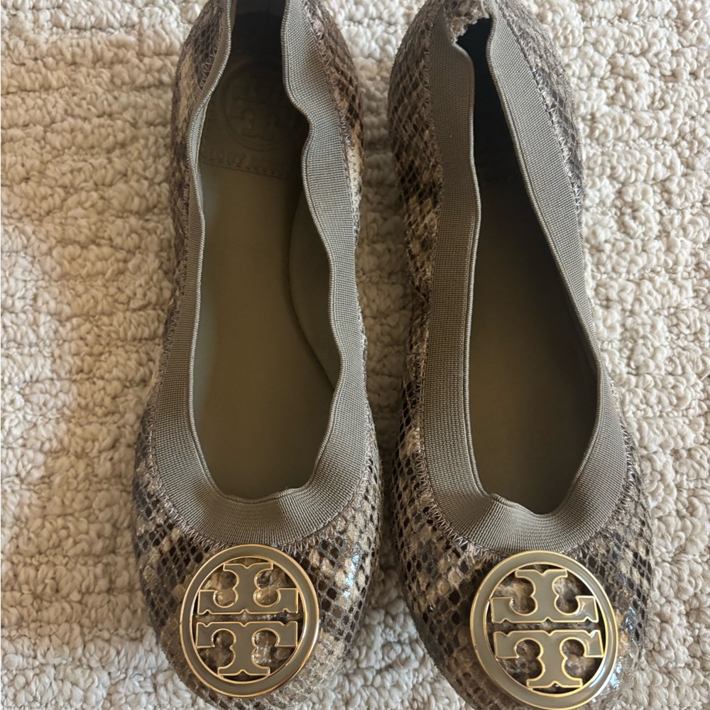 Tory Burch Snakeskin Pattern Flats with Gold Logo